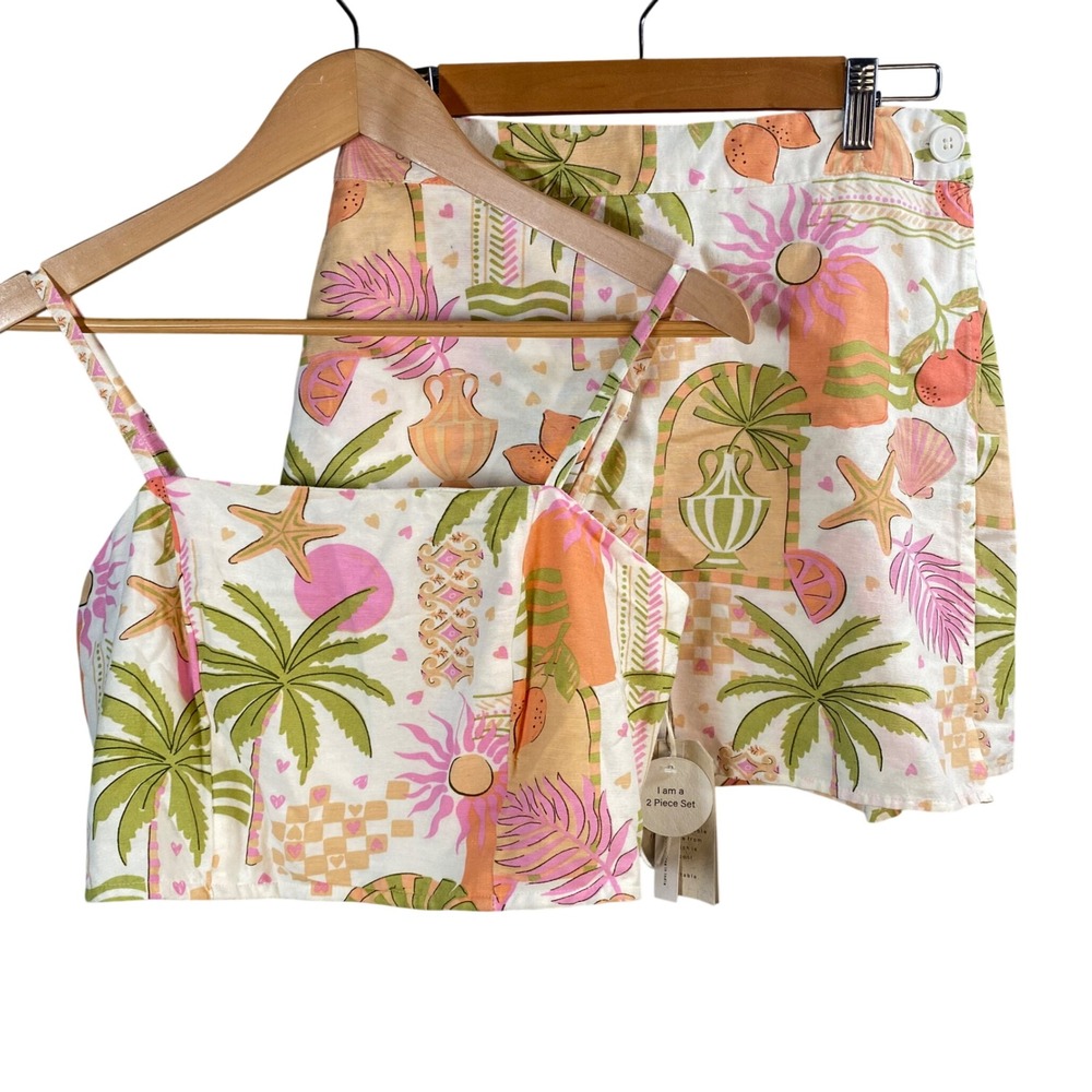 Midnight Sky Tropical 2 Piece Set Women Medium Crop Top Wrap Skirt Coastal Beach